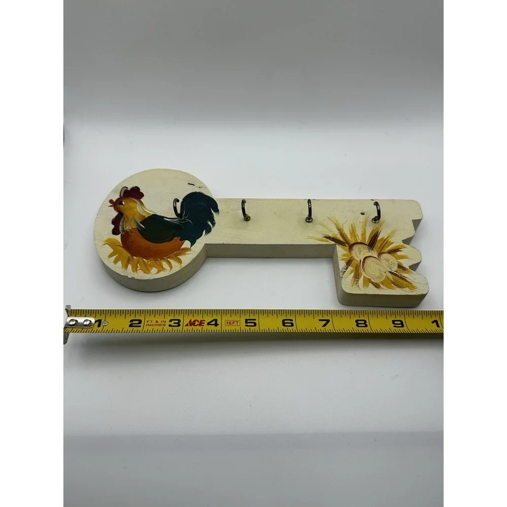 4 Key Holder Wooden Wall Mount Hand Painted Rooster Chicken Cottage Core Country